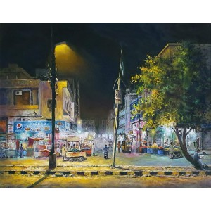 Hanif Shahzad, Tariq Road Commercial Market - Karachi, 21 x 28 Inch, Oil on Canvas, Cityscape Painting, AC-HNS-065
